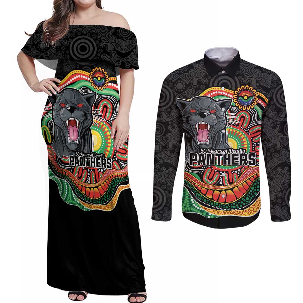Custom Panthers Honouring First Nations Couples Matching Off Shoulder Maxi Dress and Long Sleeve Button Shirt NAIDOC 2026 Deadly 50 Years