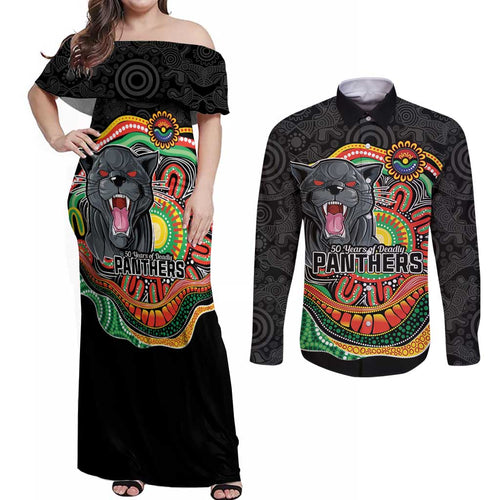 Custom Panthers Honouring First Nations Couples Matching Off Shoulder Maxi Dress and Long Sleeve Button Shirt NAIDOC 2026 Deadly 50 Years