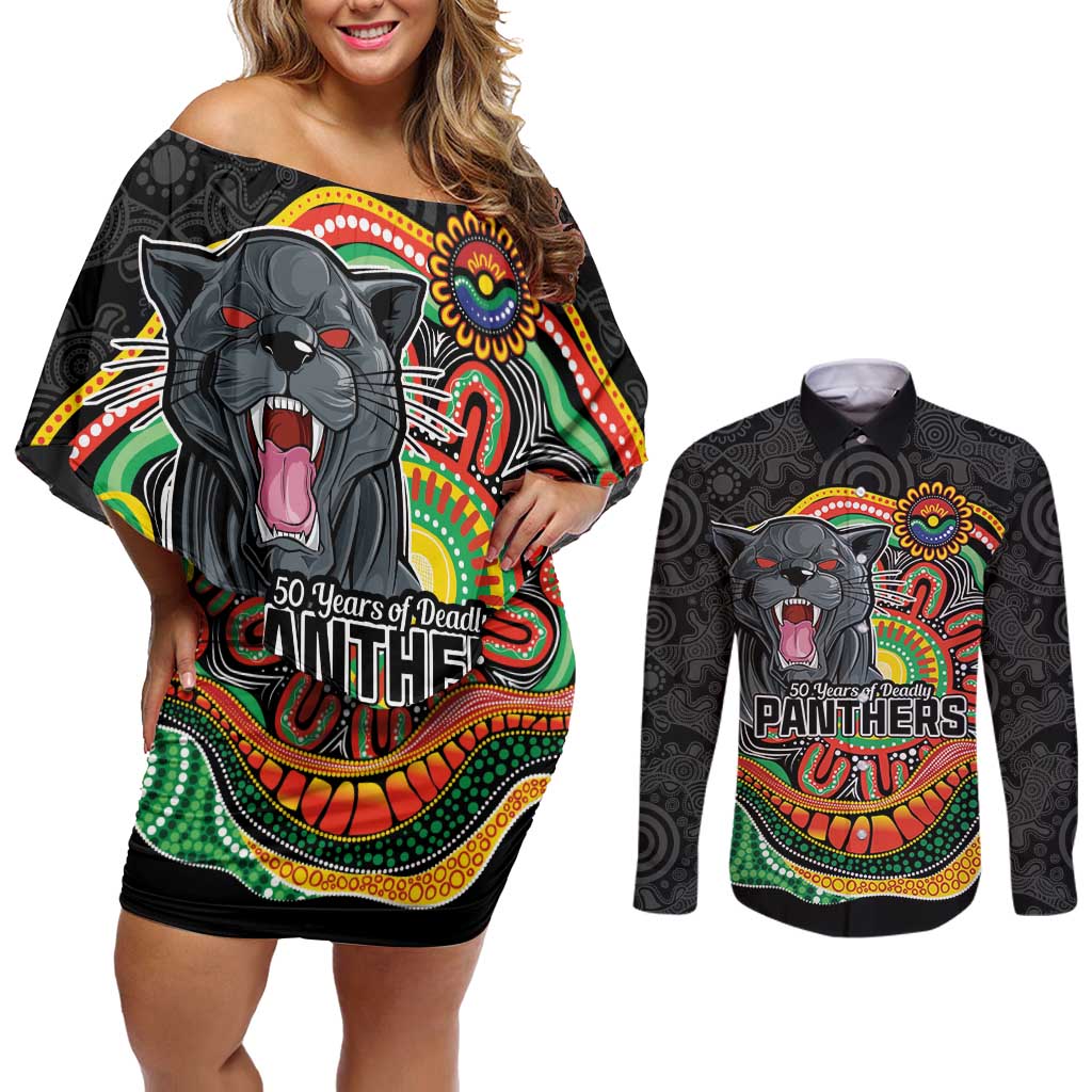 Custom Panthers Honouring First Nations Couples Matching Off Shoulder Short Dress and Long Sleeve Button Shirt NAIDOC 2026 Deadly 50 Years