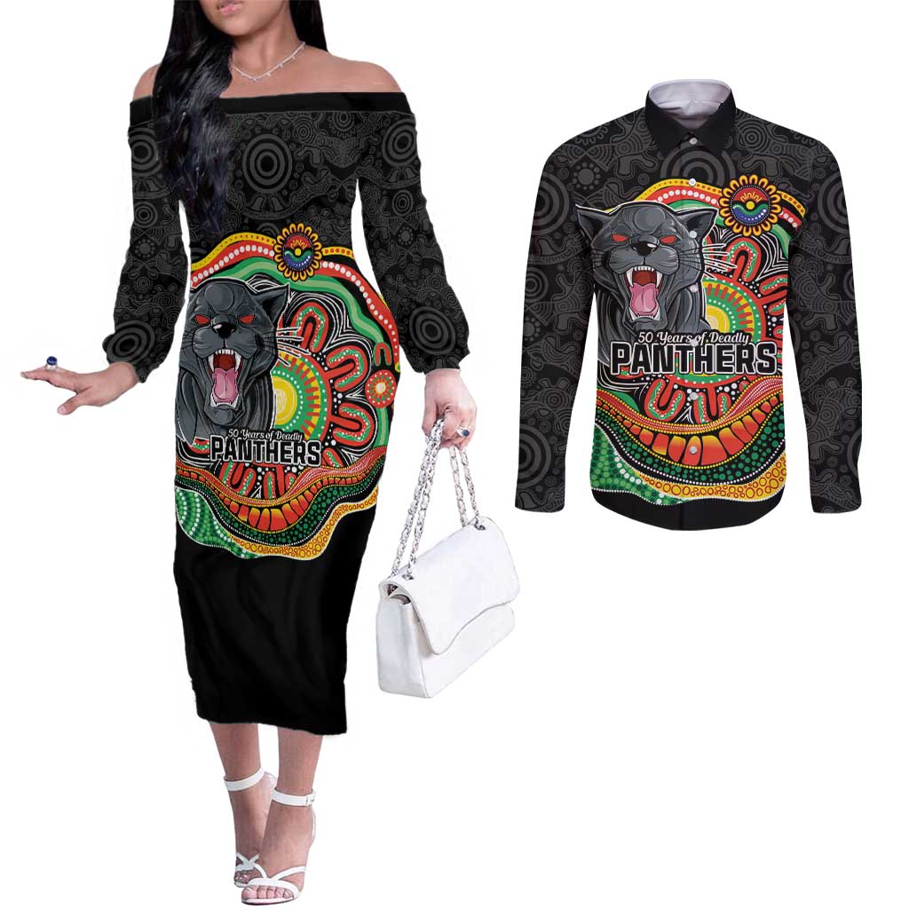 Custom Panthers Honouring First Nations Couples Matching Off The Shoulder Long Sleeve Dress and Long Sleeve Button Shirt NAIDOC 2026 Deadly 50 Years