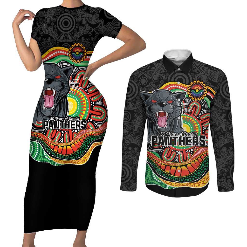 Custom Panthers Honouring First Nations Couples Matching Short Sleeve Bodycon Dress and Long Sleeve Button Shirt NAIDOC 2026 Deadly 50 Years