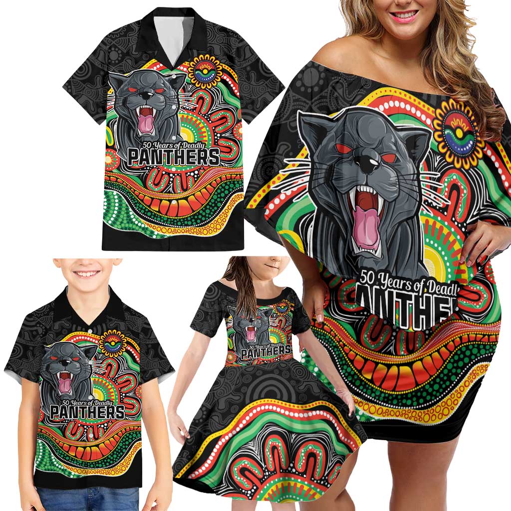Custom Panthers Honouring First Nations Family Matching Off Shoulder Short Dress and Hawaiian Shirt NAIDOC 2026 Deadly 50 Years