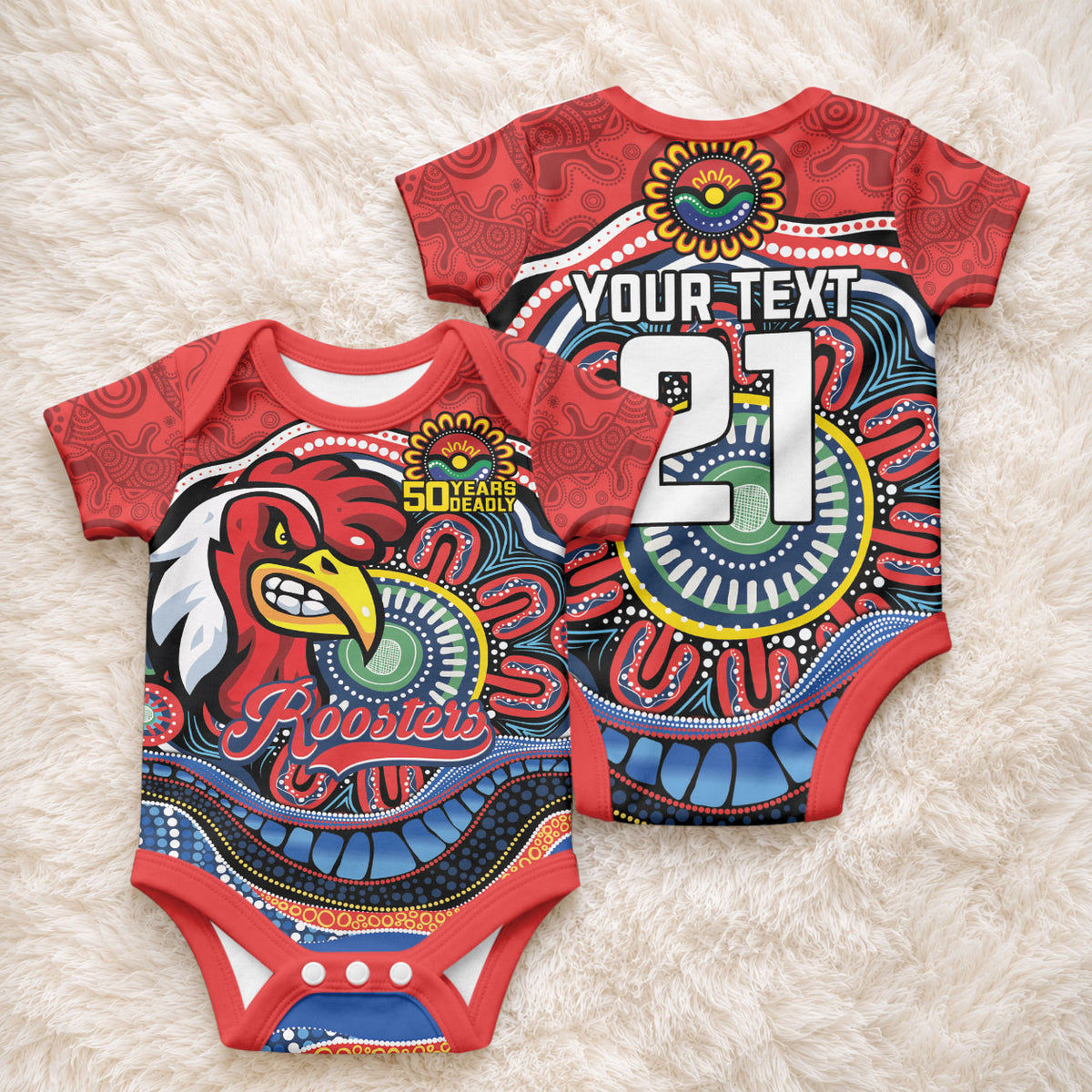 Custom Roosters Honouring First Nations Baby Onesie NAIDOC 2026 Deadly 50 Years