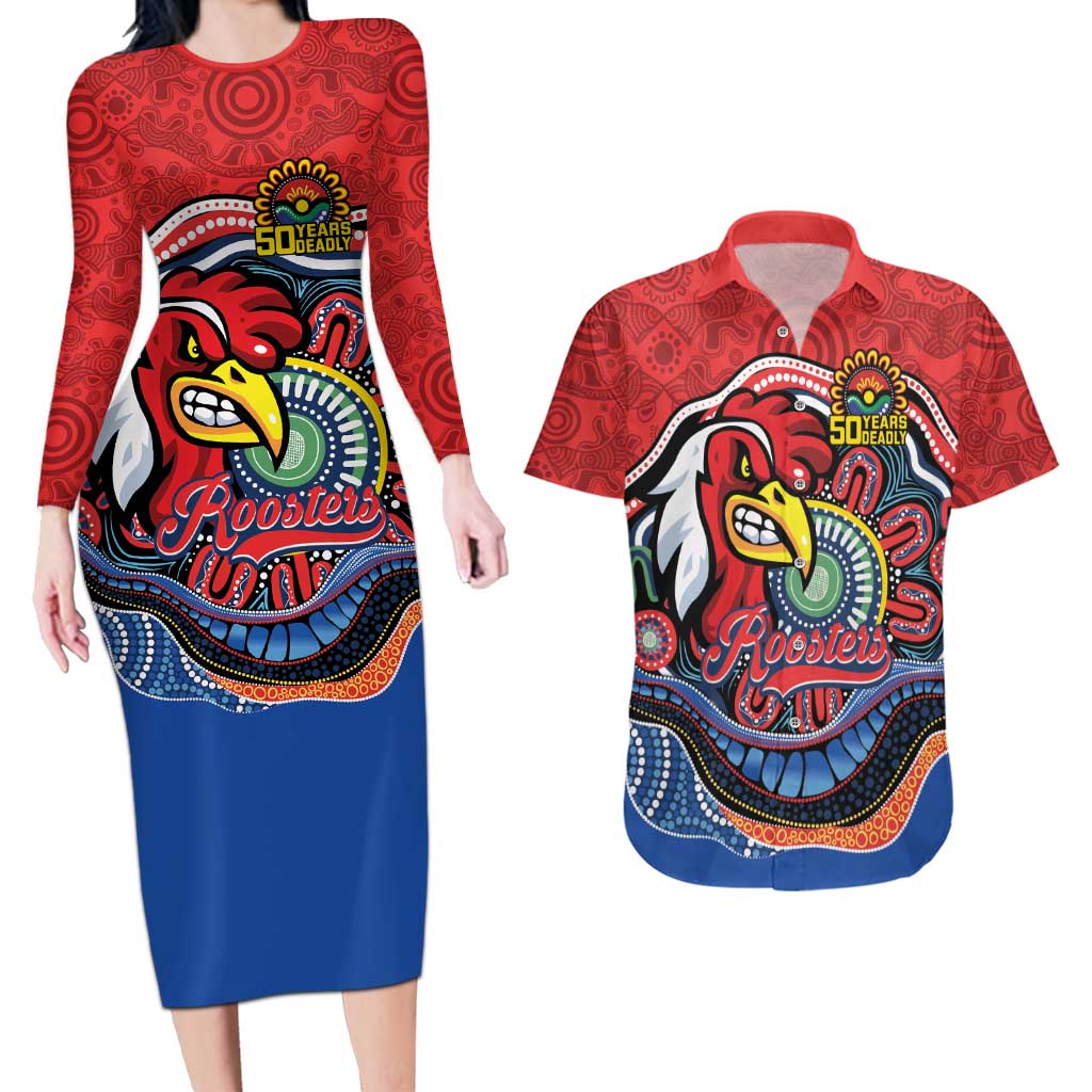 Custom Roosters Honouring First Nations Couples Matching Long Sleeve Bodycon Dress and Hawaiian Shirt NAIDOC 2026 Deadly 50 Years