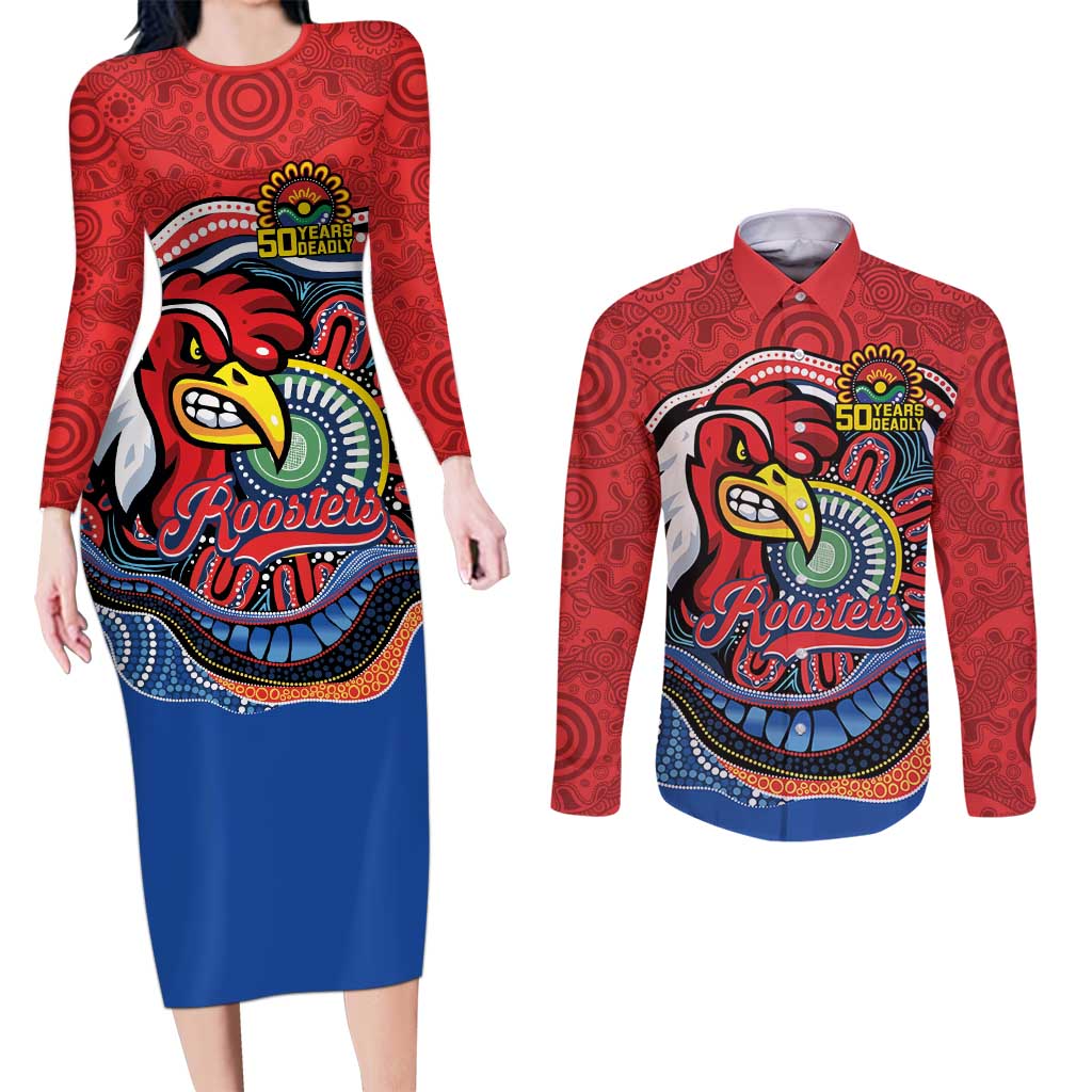 Custom Roosters Honouring First Nations Couples Matching Long Sleeve Bodycon Dress and Long Sleeve Button Shirt NAIDOC 2026 Deadly 50 Years