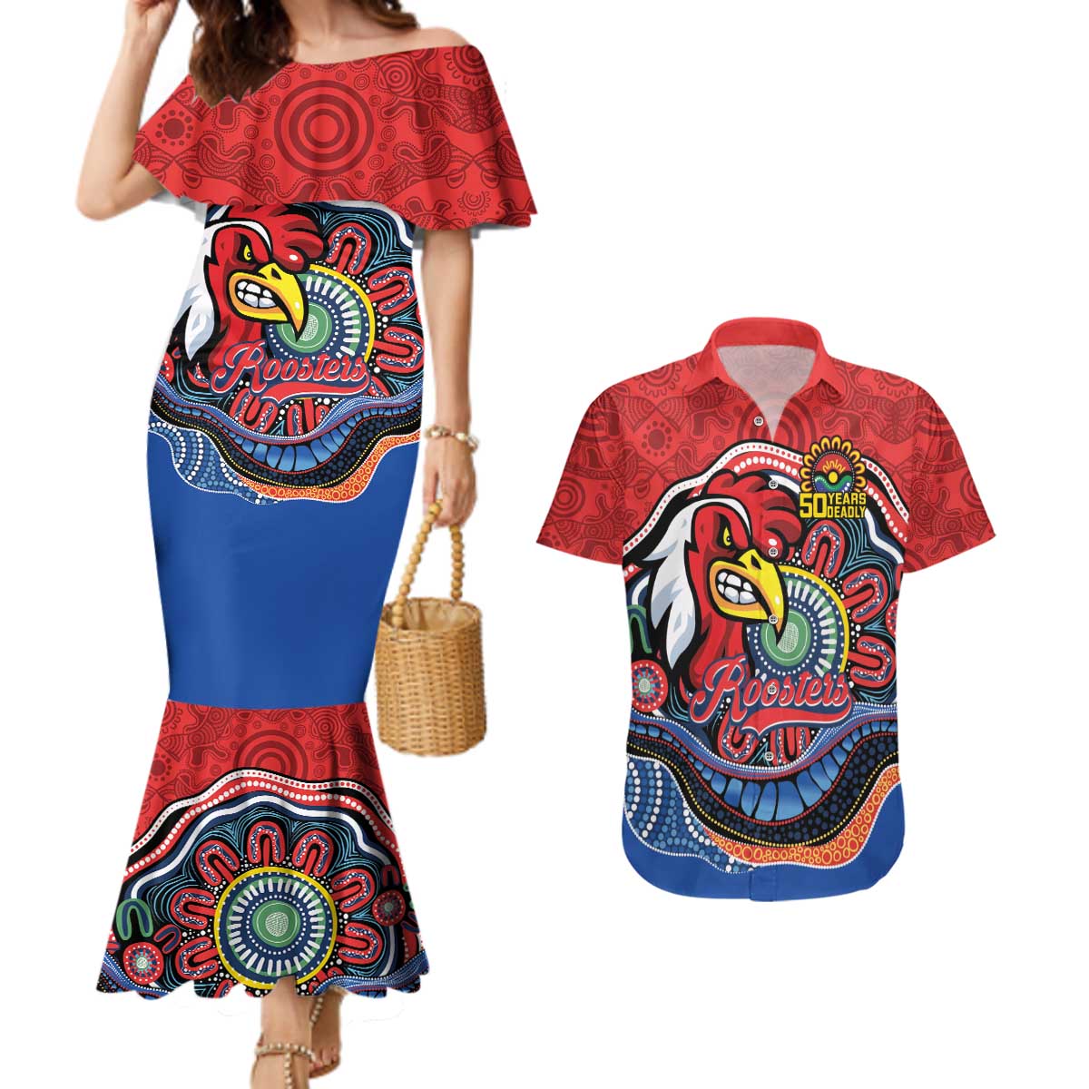 Custom Roosters Honouring First Nations Couples Matching Mermaid Dress and Hawaiian Shirt NAIDOC 2026 Deadly 50 Years