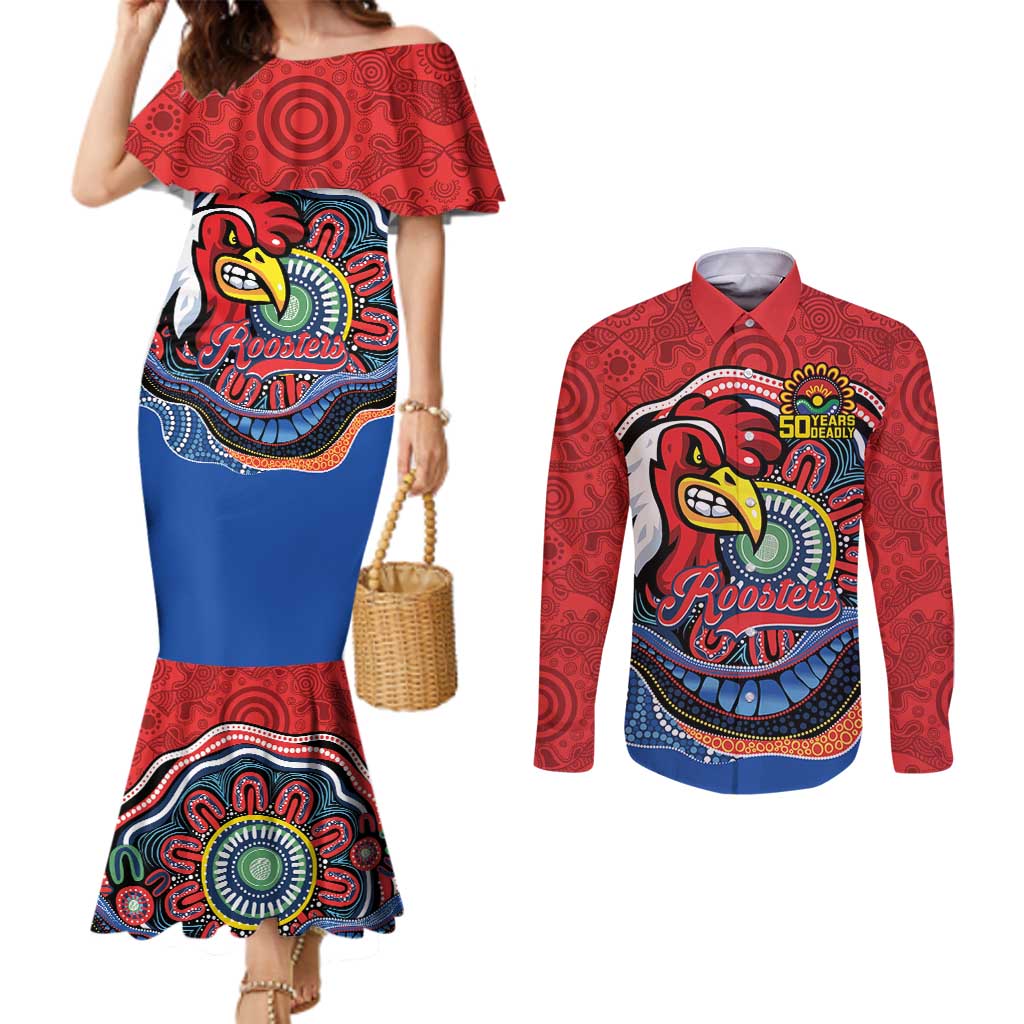 Custom Roosters Honouring First Nations Couples Matching Mermaid Dress and Long Sleeve Button Shirt NAIDOC 2026 Deadly 50 Years