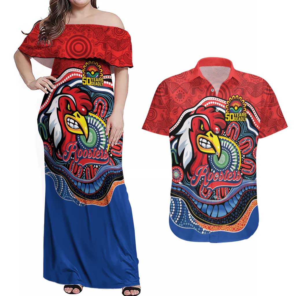 Custom Roosters Honouring First Nations Couples Matching Off Shoulder Maxi Dress and Hawaiian Shirt NAIDOC 2026 Deadly 50 Years