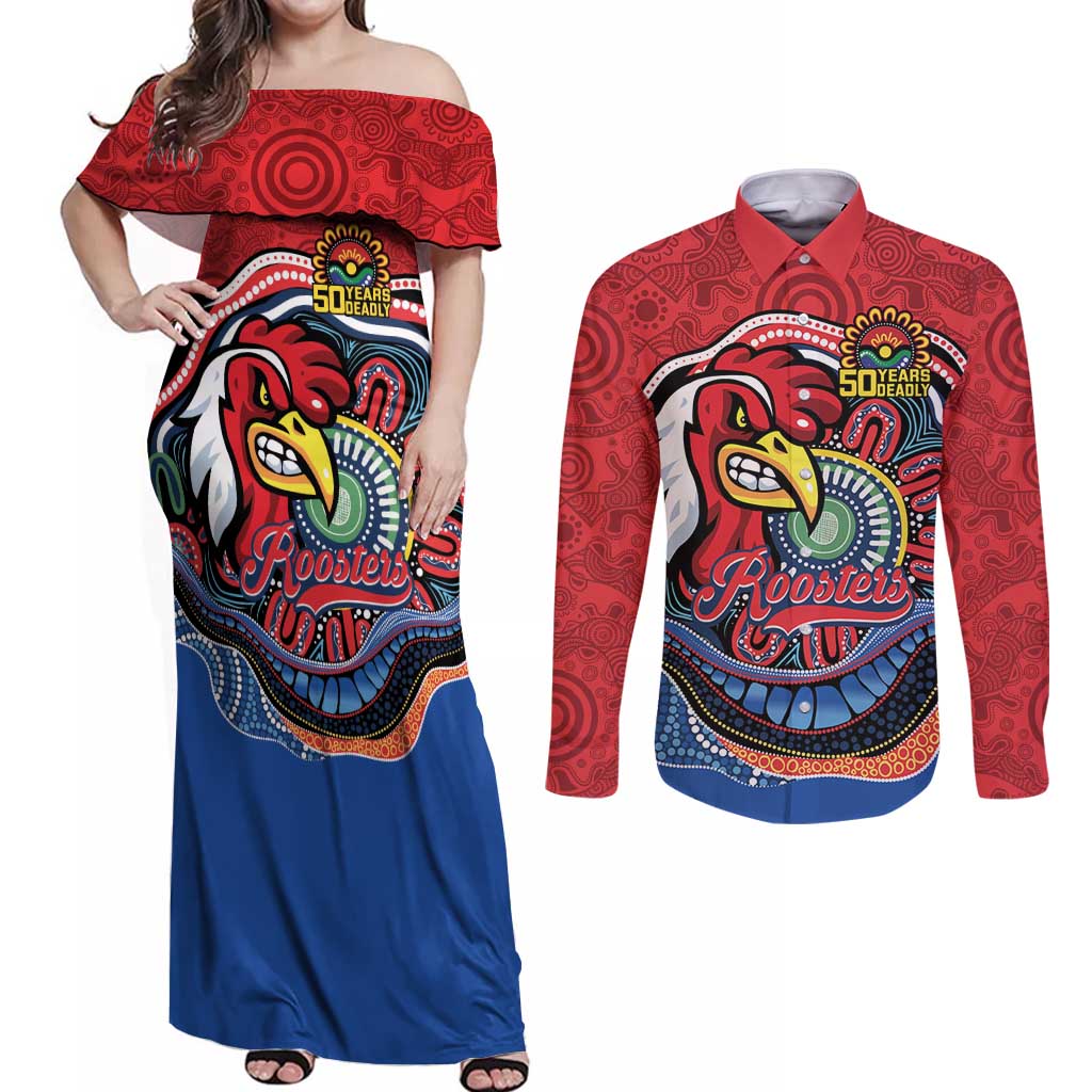 Custom Roosters Honouring First Nations Couples Matching Off Shoulder Maxi Dress and Long Sleeve Button Shirt NAIDOC 2026 Deadly 50 Years