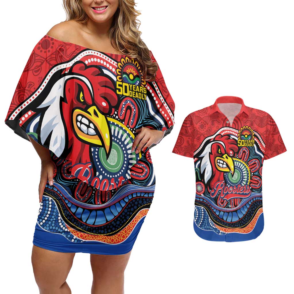 Custom Roosters Honouring First Nations Couples Matching Off Shoulder Short Dress and Hawaiian Shirt NAIDOC 2026 Deadly 50 Years