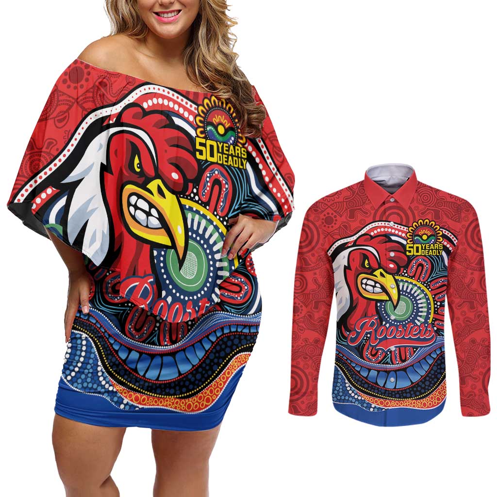Custom Roosters Honouring First Nations Couples Matching Off Shoulder Short Dress and Long Sleeve Button Shirt NAIDOC 2026 Deadly 50 Years