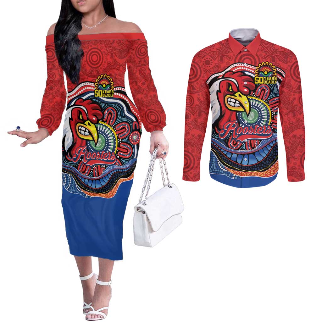 Custom Roosters Honouring First Nations Couples Matching Off The Shoulder Long Sleeve Dress and Long Sleeve Button Shirt NAIDOC 2026 Deadly 50 Years