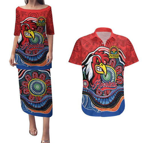 Custom Roosters Honouring First Nations Couples Matching Puletasi and Hawaiian Shirt NAIDOC 2026 Deadly 50 Years