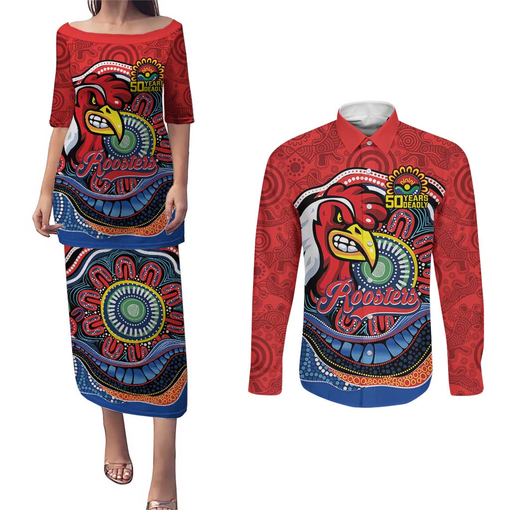 Custom Roosters Honouring First Nations Couples Matching Puletasi and Long Sleeve Button Shirt NAIDOC 2026 Deadly 50 Years