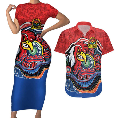 Custom Roosters Honouring First Nations Couples Matching Short Sleeve Bodycon Dress and Hawaiian Shirt NAIDOC 2026 Deadly 50 Years