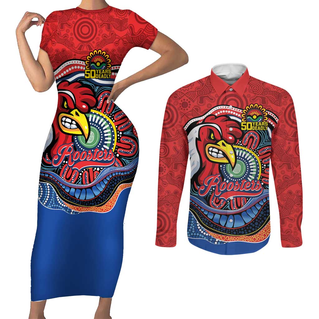 Custom Roosters Honouring First Nations Couples Matching Short Sleeve Bodycon Dress and Long Sleeve Button Shirt NAIDOC 2026 Deadly 50 Years