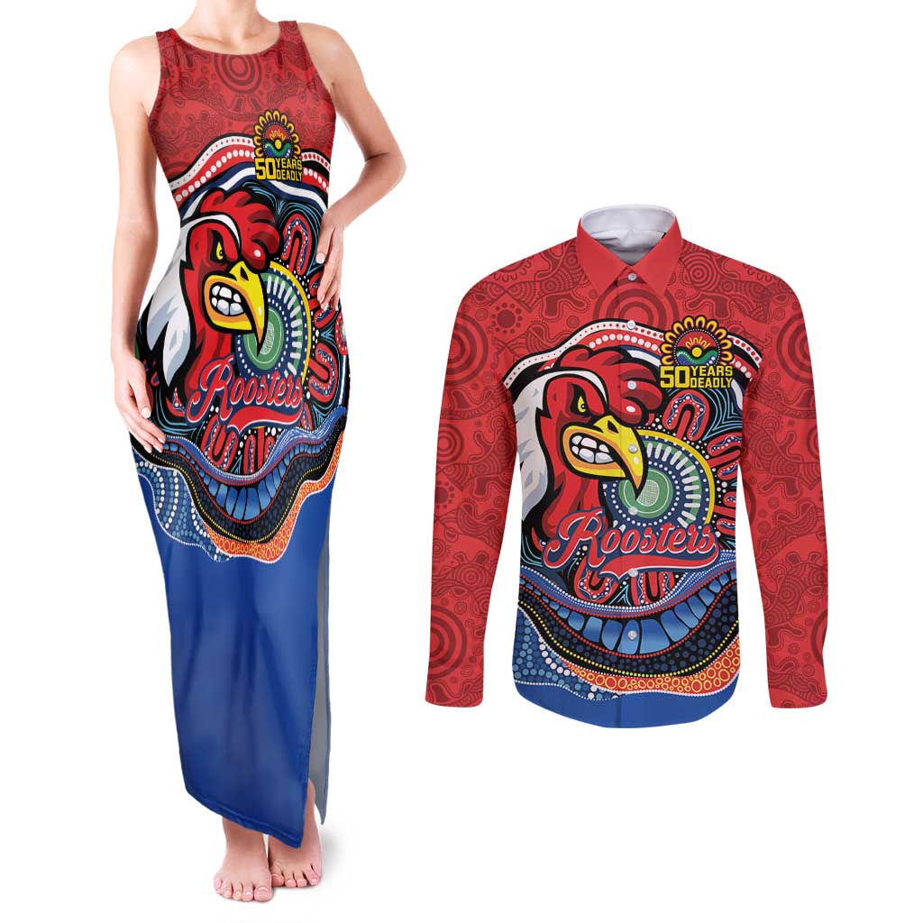 Custom Roosters Honouring First Nations Couples Matching Tank Maxi Dress and Long Sleeve Button Shirt NAIDOC 2026 Deadly 50 Years