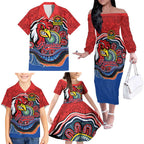 Custom Roosters Honouring First Nations Family Matching Off The Shoulder Long Sleeve Dress and Hawaiian Shirt NAIDOC 2026 Deadly 50 Years