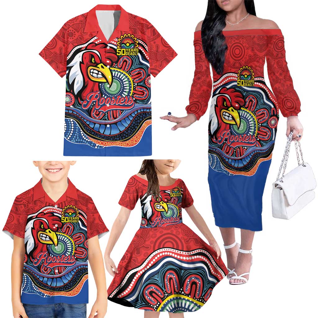 Custom Roosters Honouring First Nations Family Matching Off The Shoulder Long Sleeve Dress and Hawaiian Shirt NAIDOC 2026 Deadly 50 Years