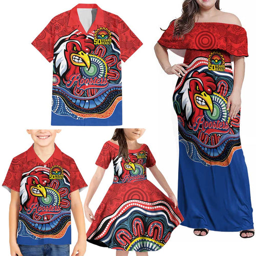 Custom Roosters Honouring First Nations Family Matching Off Shoulder Maxi Dress and Hawaiian Shirt NAIDOC 2026 Deadly 50 Years