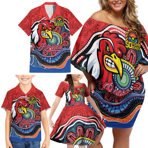 Custom Roosters Honouring First Nations Family Matching Off Shoulder Short Dress and Hawaiian Shirt NAIDOC 2026 Deadly 50 Years