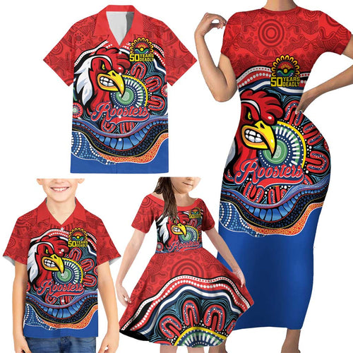 Custom Roosters Honouring First Nations Family Matching Short Sleeve Bodycon Dress and Hawaiian Shirt NAIDOC 2026 Deadly 50 Years