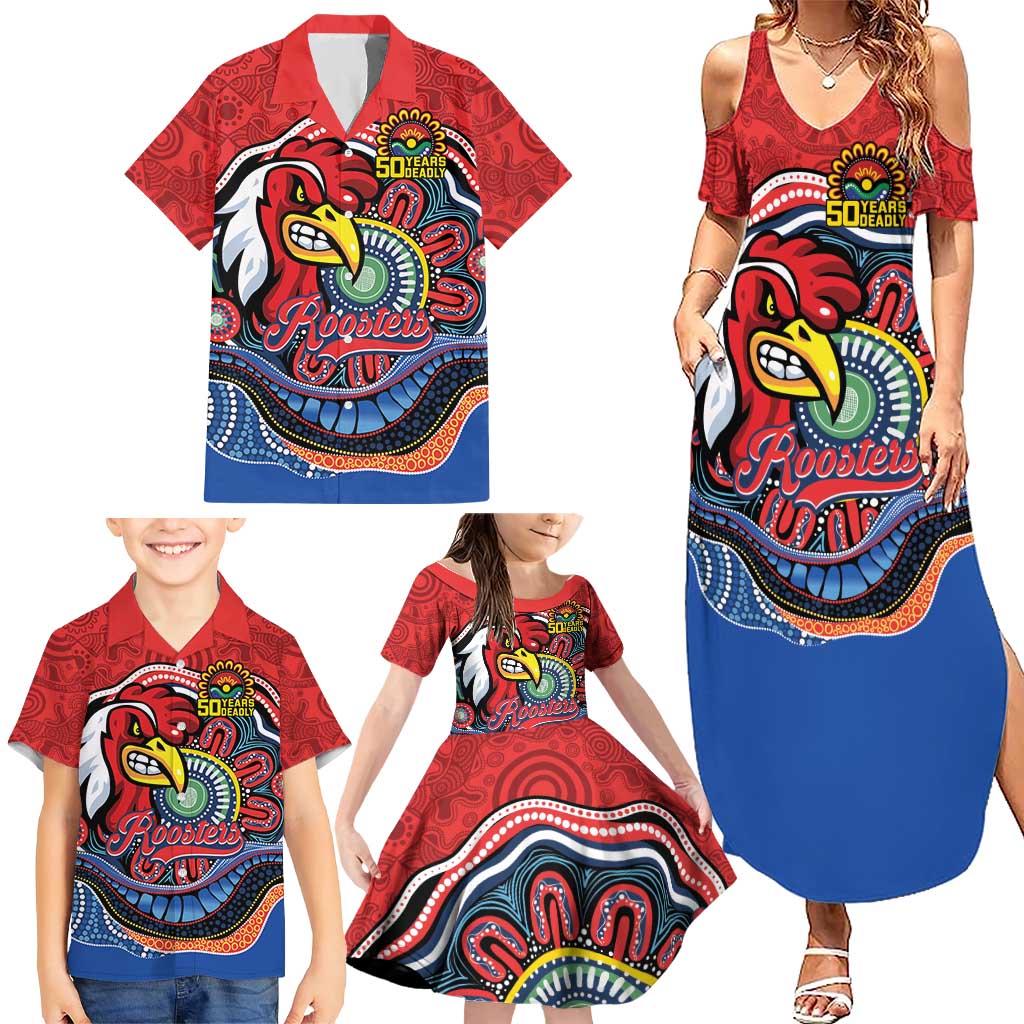 Custom Roosters Honouring First Nations Family Matching Summer Maxi Dress and Hawaiian Shirt NAIDOC 2026 Deadly 50 Years