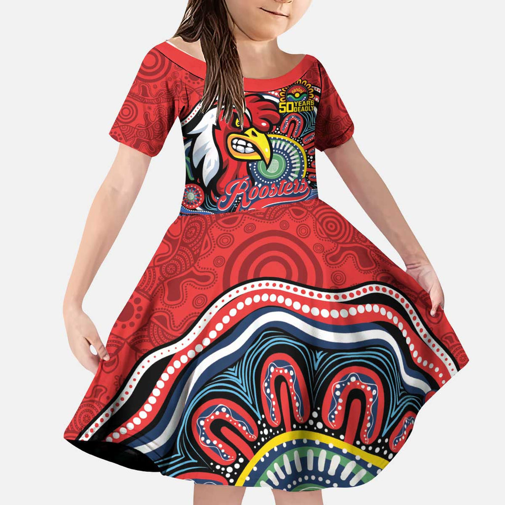 Custom Roosters Honouring First Nations Kid Short Sleeve Dress NAIDOC 2026 Deadly 50 Years