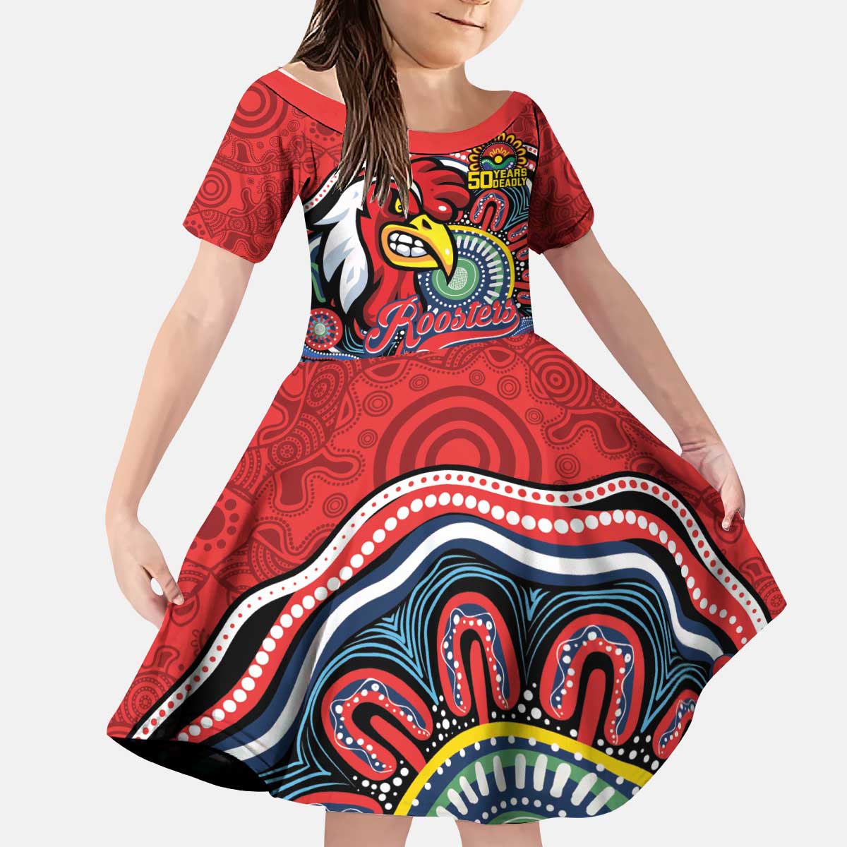 Custom Roosters Honouring First Nations Kid Short Sleeve Dress NAIDOC 2026 Deadly 50 Years