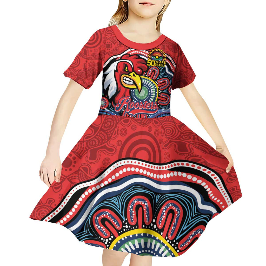 Custom Roosters Honouring First Nations Kid Short Sleeve Dress NAIDOC 2026 Deadly 50 Years