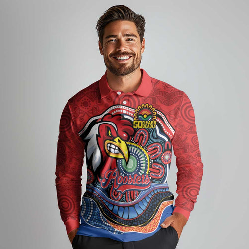 Custom Roosters Honouring First Nations Long Sleeve Polo Shirt NAIDOC 2026 Deadly 50 Years
