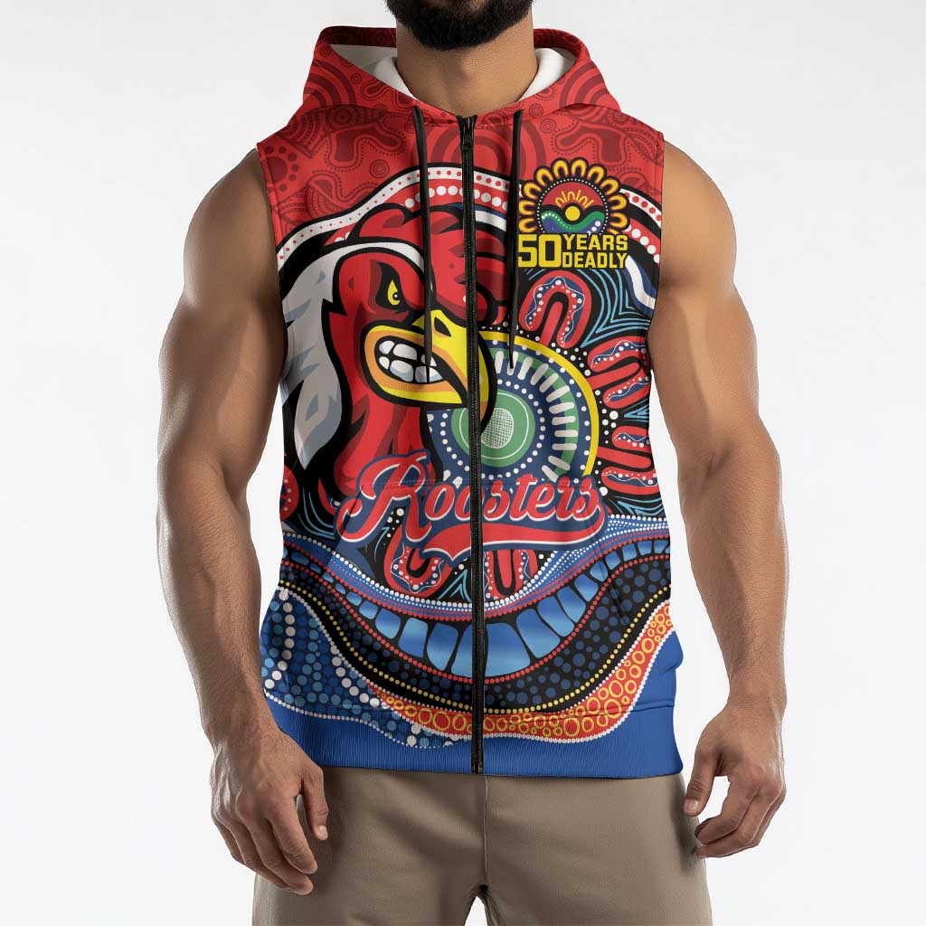 Custom Roosters Honouring First Nations Sleeveless Zip Hoodie NAIDOC 2026 Deadly 50 Years