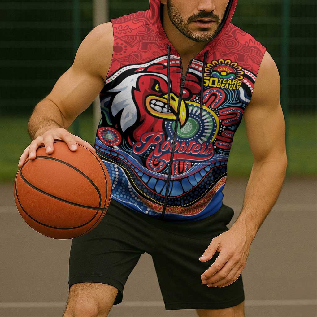 Custom Roosters Honouring First Nations Sleeveless Zip Hoodie NAIDOC 2026 Deadly 50 Years