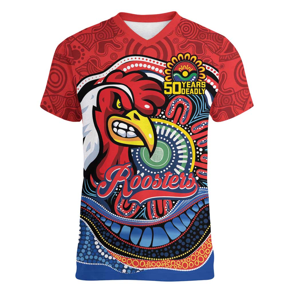 Custom Roosters Honouring First Nations Women V-Neck T-Shirt NAIDOC 2026 Deadly 50 Years