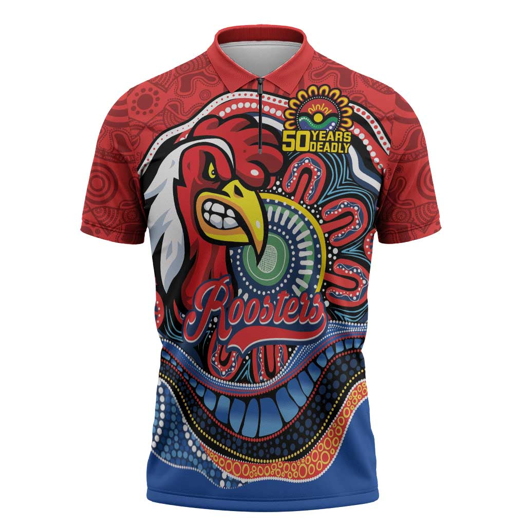 Custom Roosters Honouring First Nations Zipper Polo Shirt NAIDOC 2026 Deadly 50 Years