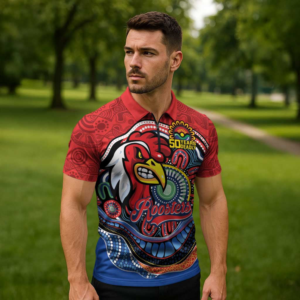 Custom Roosters Honouring First Nations Zipper Polo Shirt NAIDOC 2026 Deadly 50 Years
