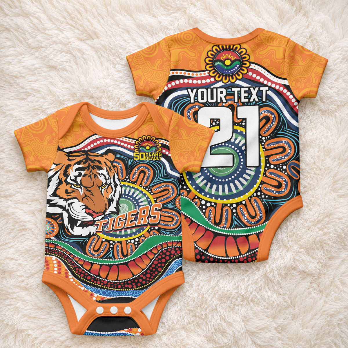Custom Tigers Honouring First Nations Baby Onesie NAIDOC 2026 Deadly 50 Years