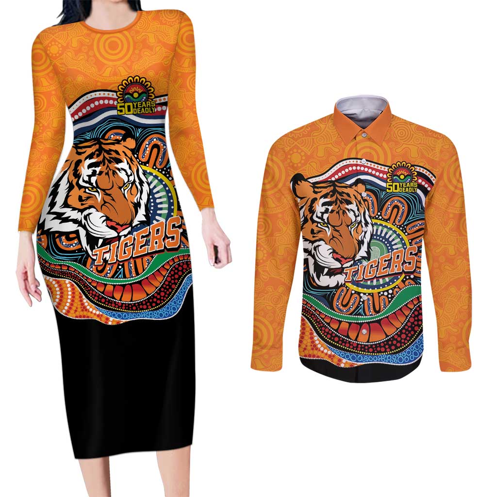 Custom Tigers Honouring First Nations Couples Matching Long Sleeve Bodycon Dress and Long Sleeve Button Shirt NAIDOC 2026 Deadly 50 Years