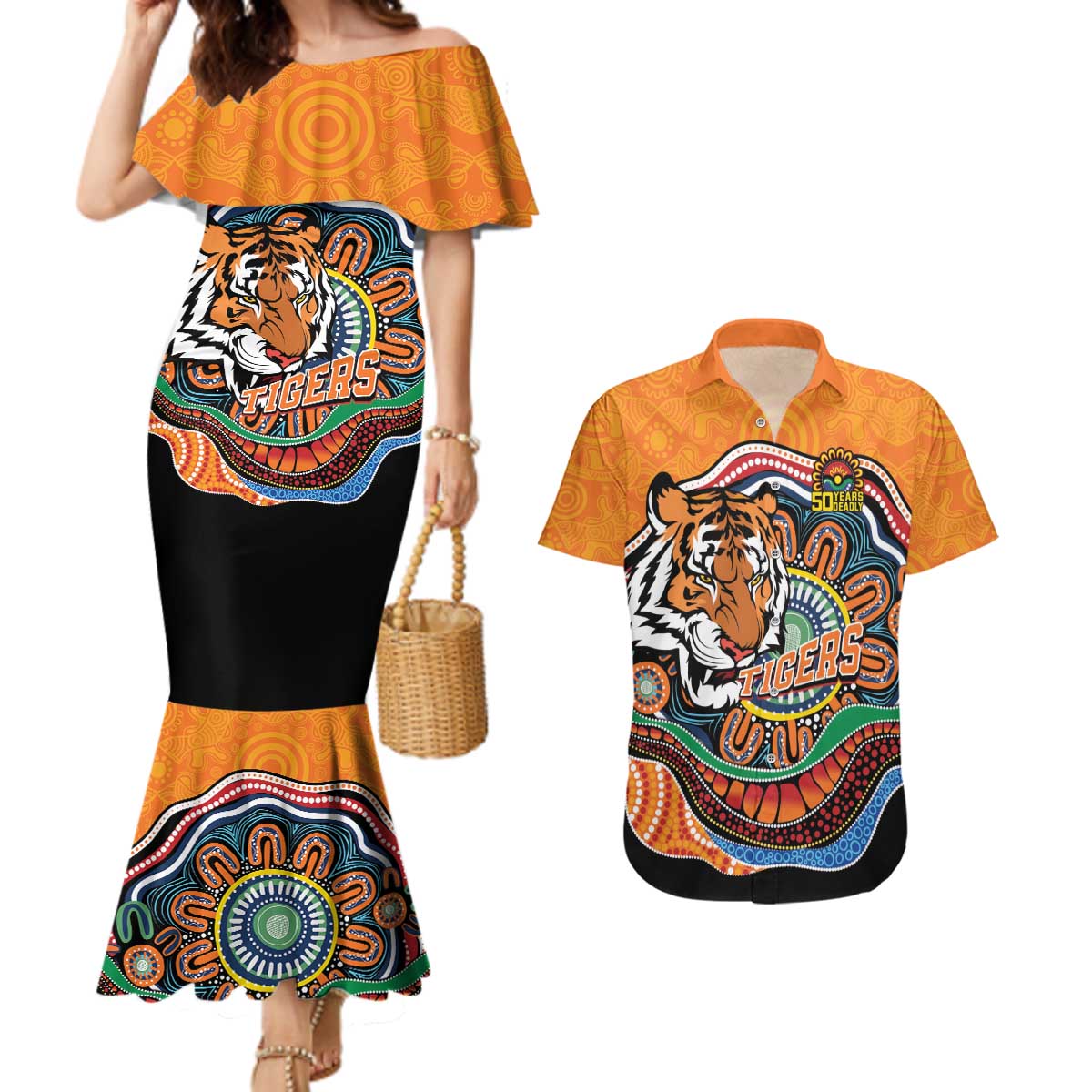 Custom Tigers Honouring First Nations Couples Matching Mermaid Dress and Hawaiian Shirt NAIDOC 2026 Deadly 50 Years