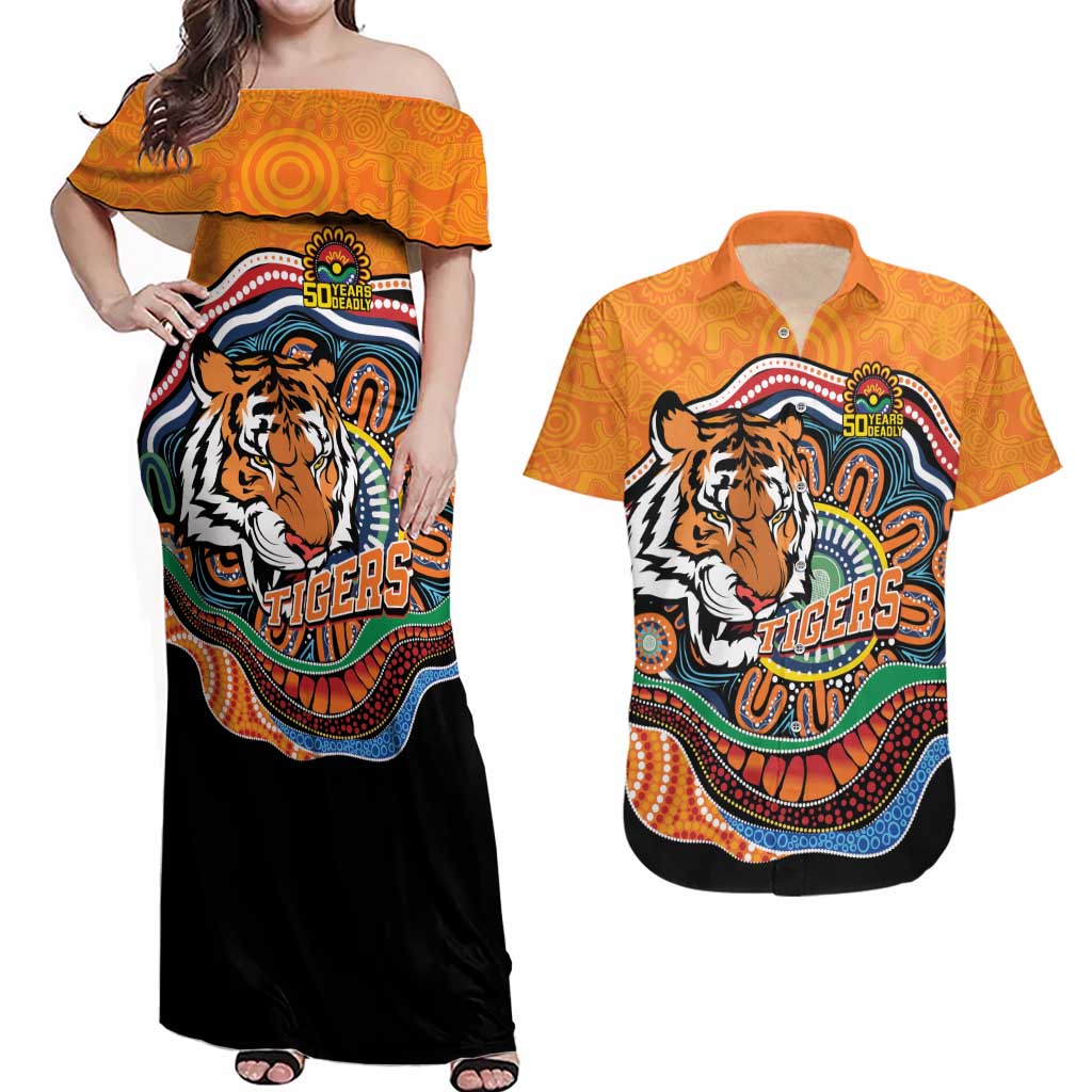 Custom Tigers Honouring First Nations Couples Matching Off Shoulder Maxi Dress and Hawaiian Shirt NAIDOC 2026 Deadly 50 Years