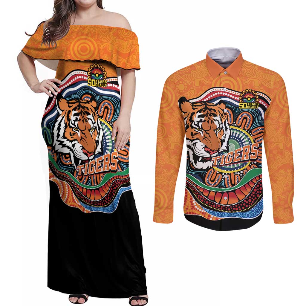 Custom Tigers Honouring First Nations Couples Matching Off Shoulder Maxi Dress and Long Sleeve Button Shirt NAIDOC 2026 Deadly 50 Years