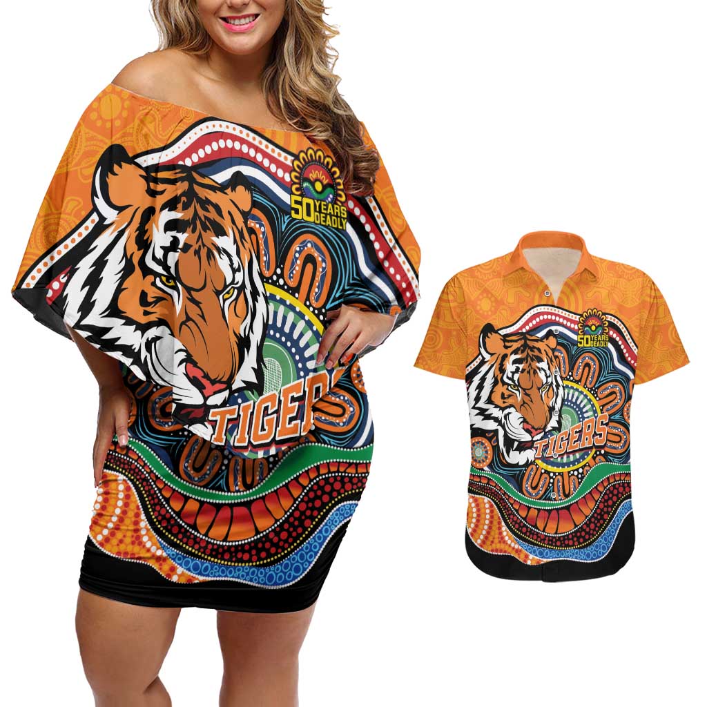 Custom Tigers Honouring First Nations Couples Matching Off Shoulder Short Dress and Hawaiian Shirt NAIDOC 2026 Deadly 50 Years