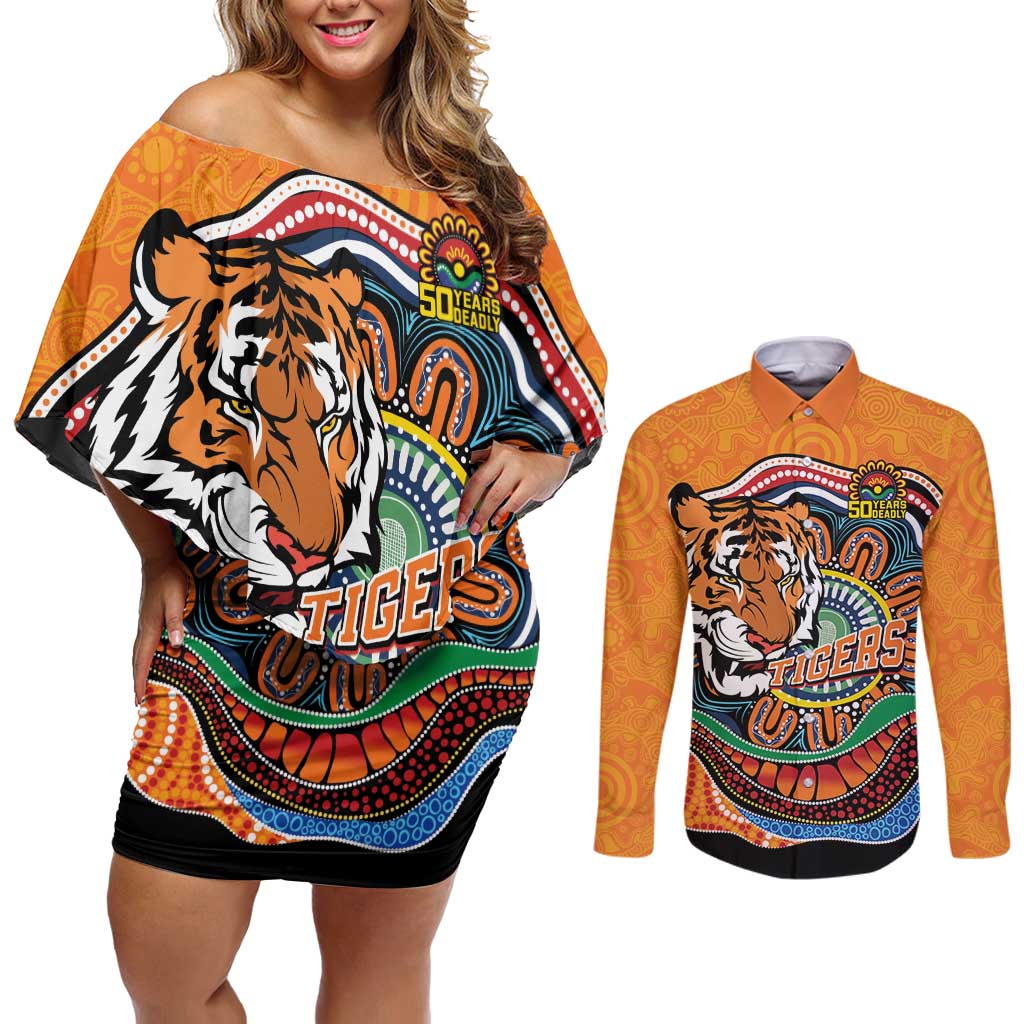 Custom Tigers Honouring First Nations Couples Matching Off Shoulder Short Dress and Long Sleeve Button Shirt NAIDOC 2026 Deadly 50 Years
