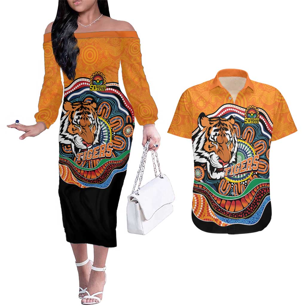 Custom Tigers Honouring First Nations Couples Matching Off The Shoulder Long Sleeve Dress and Hawaiian Shirt NAIDOC 2026 Deadly 50 Years