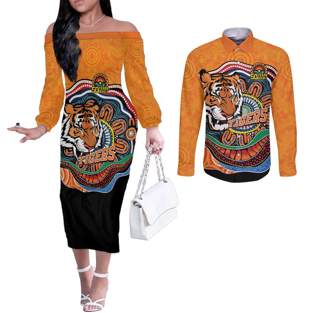 Custom Tigers Honouring First Nations Couples Matching Off The Shoulder Long Sleeve Dress and Long Sleeve Button Shirt NAIDOC 2026 Deadly 50 Years