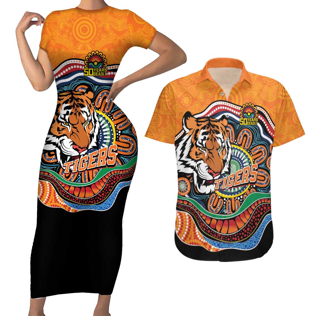 Custom Tigers Honouring First Nations Couples Matching Short Sleeve Bodycon Dress and Hawaiian Shirt NAIDOC 2026 Deadly 50 Years