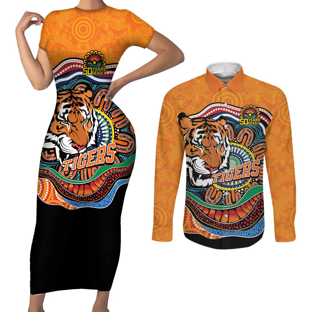 Custom Tigers Honouring First Nations Couples Matching Short Sleeve Bodycon Dress and Long Sleeve Button Shirt NAIDOC 2026 Deadly 50 Years
