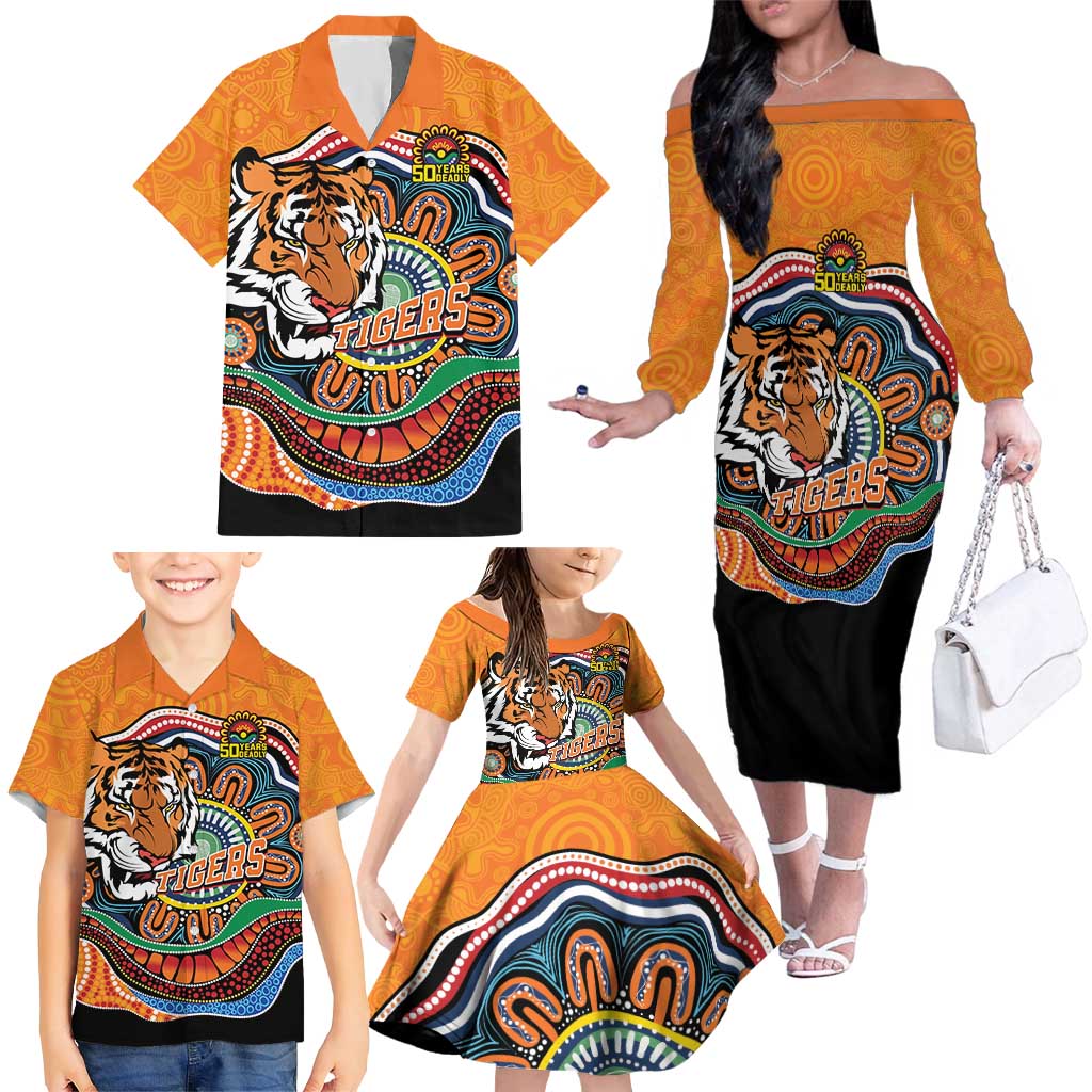 Custom Tigers Honouring First Nations Family Matching Off The Shoulder Long Sleeve Dress and Hawaiian Shirt NAIDOC 2026 Deadly 50 Years