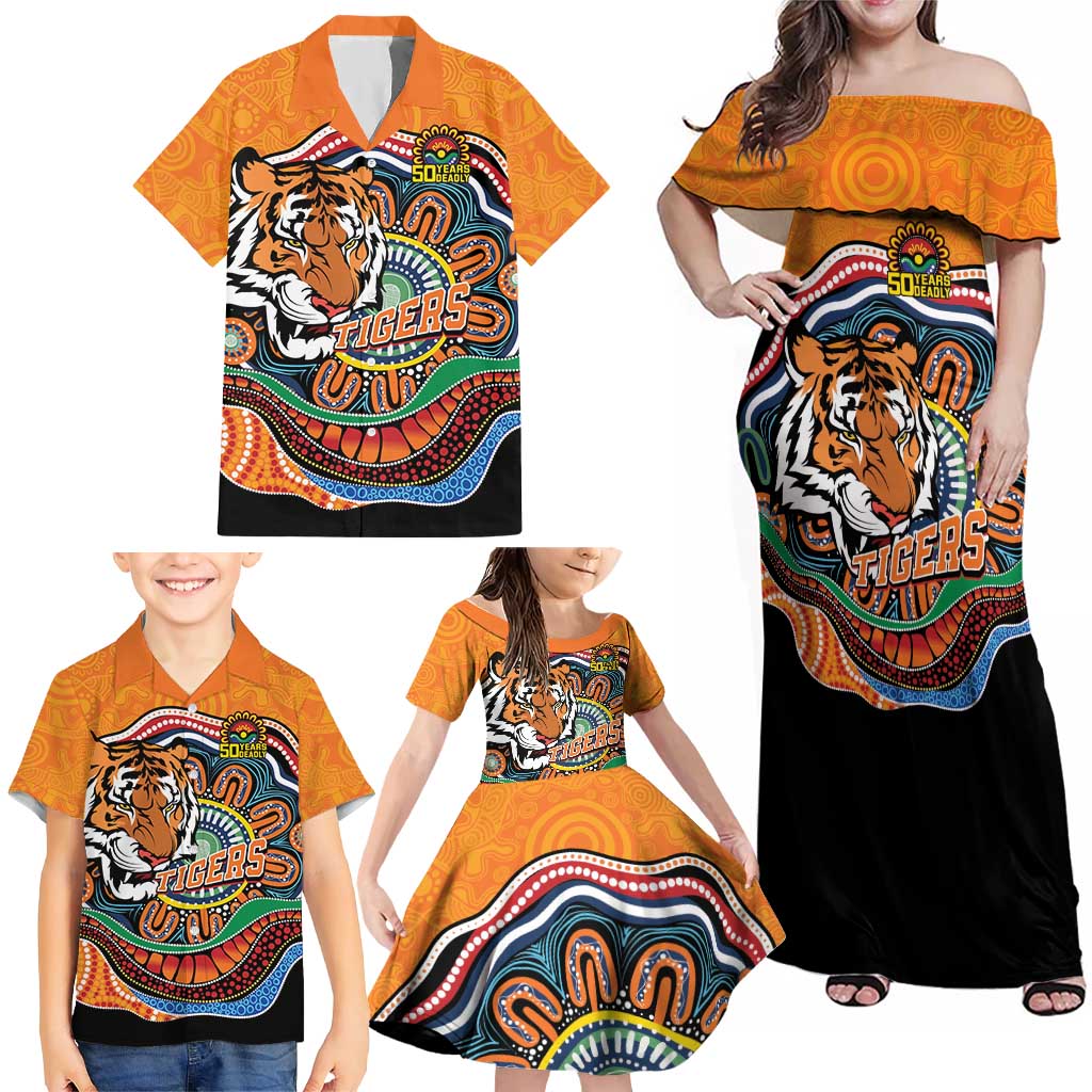 Custom Tigers Honouring First Nations Family Matching Off Shoulder Maxi Dress and Hawaiian Shirt NAIDOC 2026 Deadly 50 Years