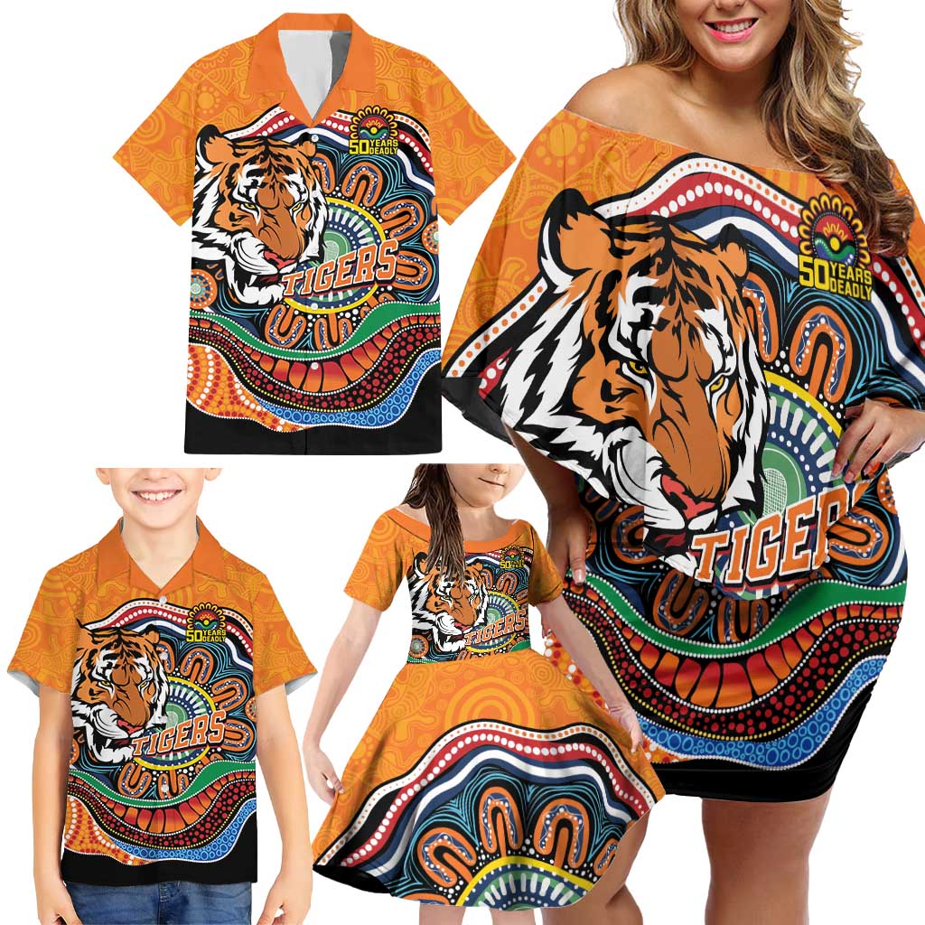 Custom Tigers Honouring First Nations Family Matching Off Shoulder Short Dress and Hawaiian Shirt NAIDOC 2026 Deadly 50 Years